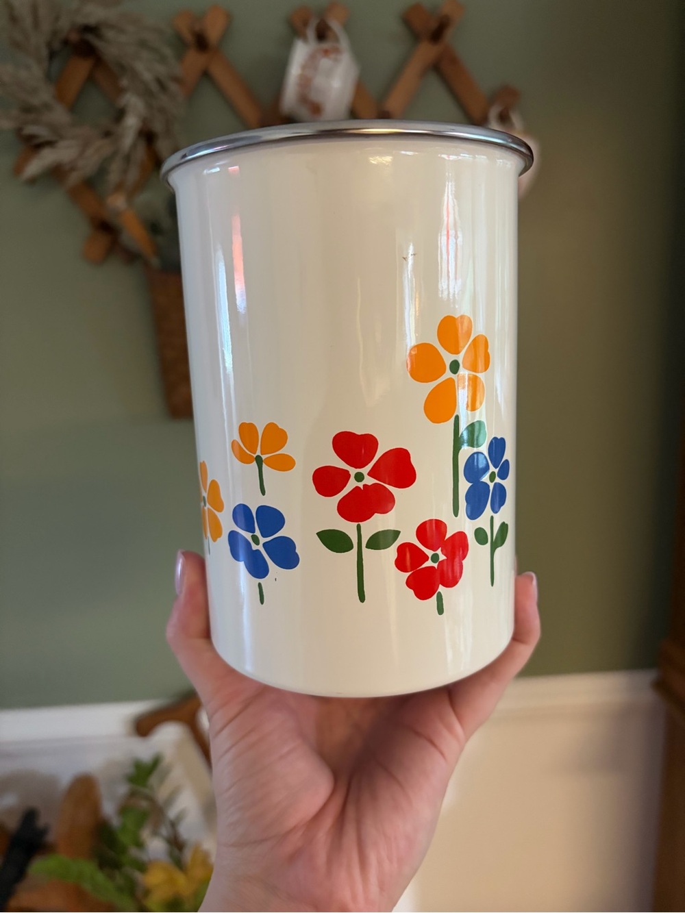 White Floral Enamel Utensil Crock - Colorful Flower Design